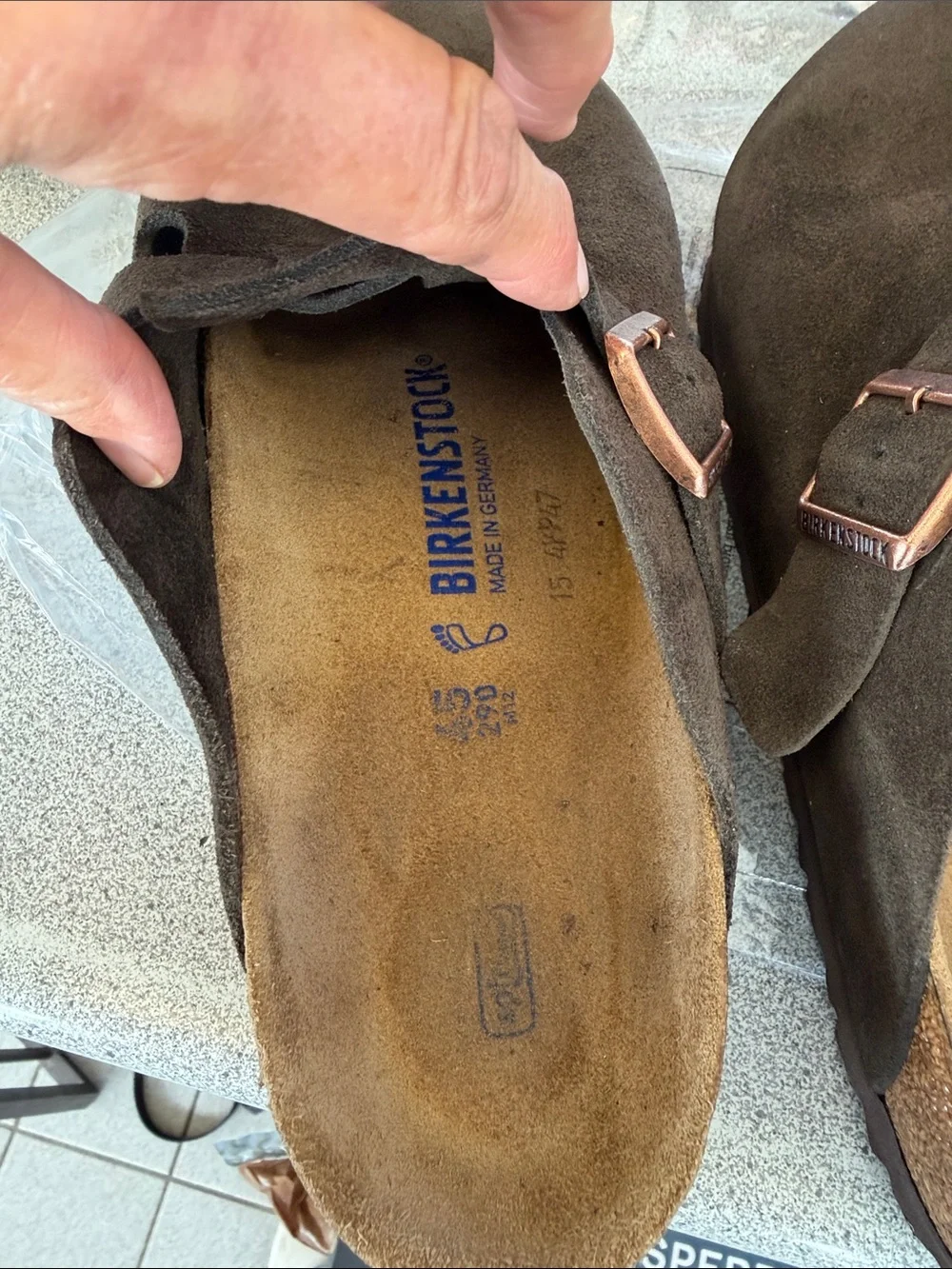 Birkenstock Boston Suede Clog in Dark Brown with Rose Gold Buckles